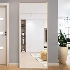 آینه تمام طول طلایی PexFix 59 "x 20" آینه سبک طبقه براق مدرن قاب فلزی براق آینه نصب دیوار آینه ایستاده تکیه دار برای اتاق خواب دفتر
