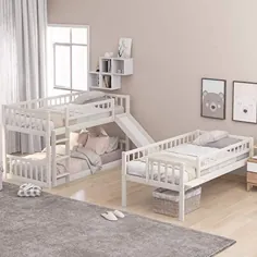 تخت سه نفره Pumpumly Twin-Over-Twin-Over-Twin با نردبان و سرسره توکار برای کودکان ، تخت سه طبقه با محافظ ، سفید