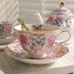 ست فنجان قهوه فنجان و نعلبکی چای سرامیکی پروانه ای رنگارنگ