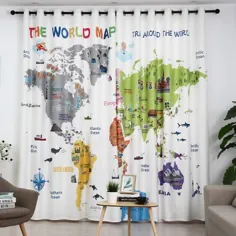 3D Cartoon World Map Darkening Panel Grommet Drawing Room Curtain Drop 2 PC، 80 in 63 Inches، Green Blackout Perde