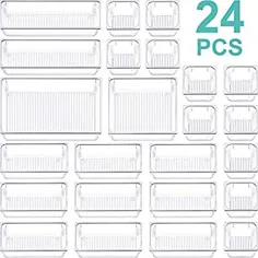 24 PCS Clear Desk Drawer Organizer سینی پلاستیکی حمام آرایش کشو Organizer 5 اندازه سفارشی طرح بندی ظرف ظرف همه کاره آشپزخانه دفتر کشو سطل تقسیم برای کمد Vanity Cabinet