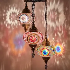 پلاگین در نور ، 3 X 7 "Globes ترکی مراکشی موزاییک پلاگین با قلم چراغ سقفی آویز طناب