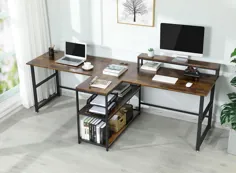 میز دو نفره Rustic Brown ، میز کامپیوتر دو نفره با قفسه های ذخیره سازی