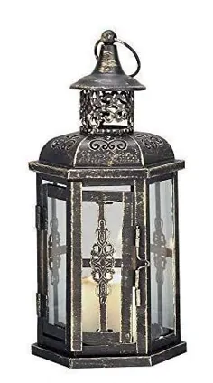 JHY DESIGN Lanterns Decorative Lanterns-10inch High Vintage Hanging Lantern، دارنده شمعدان فلزی برای فضای باز در فضای باز، رویدادها، برابری ها و عروسی ها (برس مشکی با طلا)