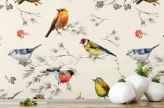 کاغذ دیواری پرنده | پرندگان آبرنگ سبک پرنعمت | کاغذ دیواری لایه بردار و استیک | کاغذ دیواری متحرک | S