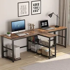 Tribesigns میز کامپیوتر 90.5 اینچی ، میز دو نفره فوق العاده طولانی با قفسه های ذخیره سازی ، میز تحریر مطالعه دفتر کار ایستگاه کاری برای دفتر خانه (سیاه ، 90.5x21.7 اینچ)