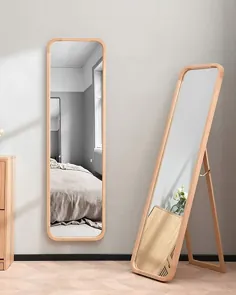 آینه تمام طول چوبی TinyTimes 63 "× 18" ، آینه کف با پایه ، راش ، گوشه گرد ، آینه روستیک ، ایستاده یا دیوار نصب شده برای اتاق خواب ، اتاق نشیمن ، رختکن - قهوه ای