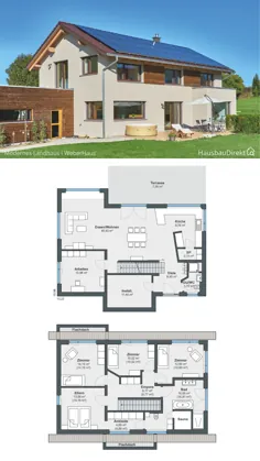 Modernes Einfamilienhaus mit Satteldach & Holz Putz Fassade bauen، Haus Grundriss mit gerade Treppe