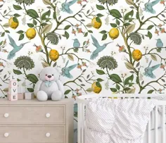 کاغذ دیواری درخت لیمو با دکوراسیون اتاق کودک و نوشیدنی مرغ مگس خوار آبی و استیک ، قابل حمل با رنگ طبیعی