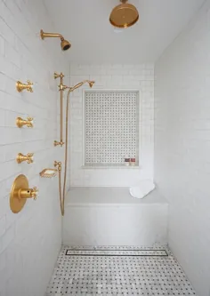 کاشی های دوش سفید لعاب دار با کف تخته سنگ مرمر - انتقالی - حمام