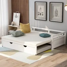 بستر تختخواب با Trundle ، تختخواب چوبی با Trundle ، سفید (سفید - دوقلو)