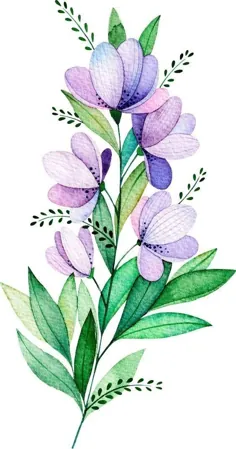 نقاشی آب‌رنگ گل‌های بنفش و آبی