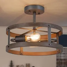چراغ سقفی LNC 2-Light Semi Flush Mount ، چراغ خانه در نزدیکی لامپ های سقفی با نقره آنتیک نقره ای و چوب مصنوعی برای راهرو ، اتاق خواب ، آشپزخانه ، سرسرا و اتاق ناهار خوری