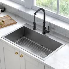 KRAUS Loften All-in-One Dual Mount Drop-In Steel 33in.  سینک ظرفشویی آشپزخانه تک کاسه ای با شیر کششی به پایین در مات مشکی-KHT410-33-KPF-1610MB - انبار خانه
