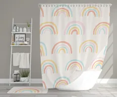Boho Kids Cream Rainbow Shower Curtain Pastel Bohemian |  اتسی