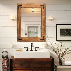 آینه دیواری چهار چوبی روستایی ، آینه توالت حمام چوبی طبیعی برای تزئین خانه ، آویز عمودی یا افقی ، 32 "x 24" ، قهوه ای