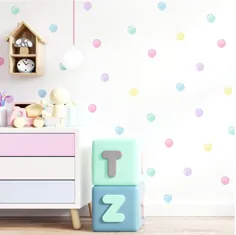 تابلوچسبهای دیواری Pastel Watercolor Polka Dot برای اتاق خواب کودکان ، مهد کودک ، اتاق بازی |  بدون پی وی سی ، بدون بو |  پارچه دیواری لایه بردار و استیک