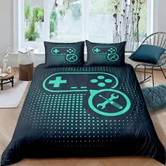 پوشش Erosebridal Gamepad Comforter پوشش بازی های ویدئویی پوسته لحاف برای کودکان و نوجوانان پسر نوجوان Gamer Teal Dots الگوی لوکس ملافه ملافه تزئین تختخواب فوق العاده نرم کینگ اندازه 1 پوشش لحاف با 2 مورد بالش