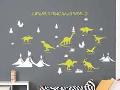 عکس برگردان جهانی دایناسورهای ژوراسیک ، دیوارآلات دایناسور.  تزیین دیوار اتاق پسرانه ، هدیه دایناسور برای پسران ، آتشفشان با عکس برگردان دیواری دایناسور