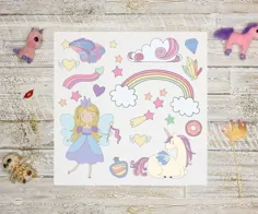 تابلوچسبهای دیواری بچه گانه Fairy Unicorn Princess Rainbow Wall Decals |  اتسی