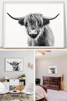 Highland Cow Print Black and White Modern Farmhouse Wall Wall |  اتسی