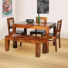 MAHIMART و صنایع دستی میز ناهار خوری چوبی Sheesham 4 صندلی |  ست میز ناهار خوری با 3 صندلی و 1 نیمکت |  مبلمان اتاق ناهارخوری خانگی |  عسل تمام شود