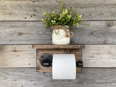 نگهدارنده کاغذ توالت صنعتی Rustic با قفسه ، TP دیواری با قفسه ، ذخیره سازی حمام ، تزئین حمام ، نگهدارنده لوله ، چوب ، قفسه ها