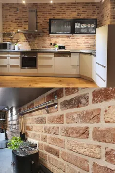 دیوار آشپزخانه ، محافظ چلپ چلوپ ، دیوار پشتی در نمای آجری ، اسپلش بک / پشت لبه ساخته شده از آجرهای واقعی