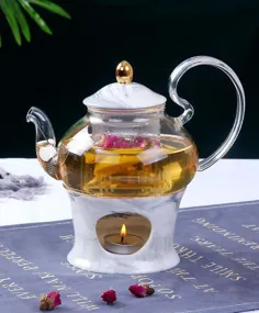 ست چای با فنجان و بشقاب چای گرمتر ، قوری شیشه ای و ظروف چینی ، مواد تزریقی و صافی قابل جدا شدن