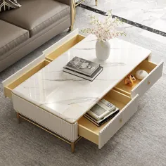 میز قهوه مستطیل سنگ مرمر سفید مصنوعی در طلای با 4 کشوی ذخیره سازی 51.2 "