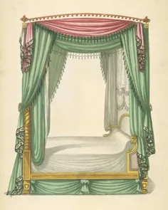 تخت خواب سایبان با پارچه صورتی و سبز.