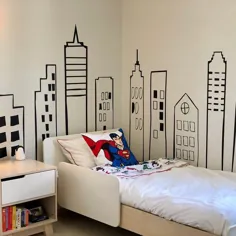LARGE Doodled City Skyline - دیوار دکوراسیون وینیل هنری برای اتاق بچه ها ، اتاق های بازی ، اتاق خواب ، مراقبت های روز ، مدارس ، کتابخانه اتاق Super Hero