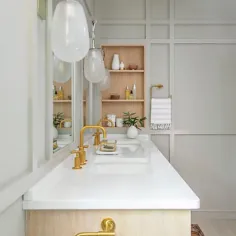 دستشویی حمام بژ با شیرهای طلای برس دار - انتقالی - حمام