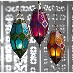 Klass Home Collection معتبر فانوس های مراکشی به سبک آباژور بزرگ کلاسیک Vintage ترکیه داخلی باغ فانوس شیشه ای آویز دارنده چراغ چای آویز شمع برای دکوراسیون (بنفش بزرگ)