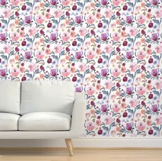 کاغذ دیواری گل - رژگونه پاییزی توسط Crystal Walen - رول کاغذ دیواری خود چسب متحرک چاپی بنفش صورتی چاپی سفارشی توسط Spoonflower