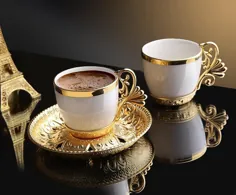 ست قهوه چینی کرم رنگ طلایی ، ست قهوه عربی ، فنجان قهوه عربی