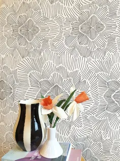 کاغذ دیواری متحرک / Pinstripe گل سیاه و سفید / طول های متنوع / مناسب برای اجاره کنندگان و صاحبان