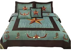 وسترن پیک تگزاس استار Longhorn Boots Cowboy Horseshoe 5 Piece Home bed bed لحاف ملافه (فیروزه ای ، ملکه)