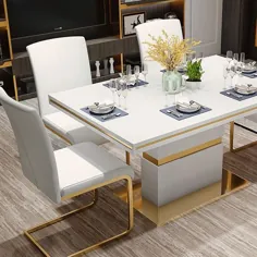 صندلی های ناهار خوری سفید روفرشی مینیمالیستی مدرن PU صندلی غذاخوری چرمی مجموعه ای از 2 پایه فلزی طلا