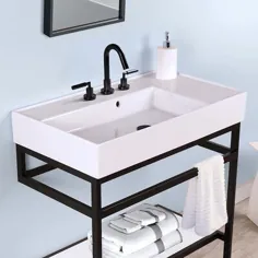 سینک ظرفشویی حمام دیواری مستطیلی سفید LACAVA Aquaotto با نصب شیر آب: 8 "مرکز