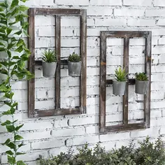 MyGift 25 اینچ طرح پنجره چوبی قهوه ای مشکی طرح دار تزئینی دیواری با گلدان های کاشت فلزی گالوانیزه ، مجموعه ای از 2