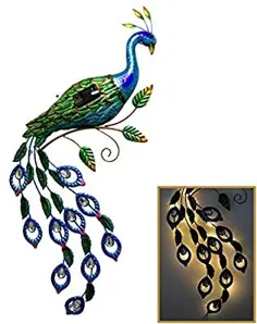 تزیین مجسمه طاووس دیواری فلزی خورشیدی CYA-DECOR برای استفاده در فضای باز ، طاووس باغ زیبا با دم سبک Solor ، هنر دیوار فلزی مناسب برای حیاط پاسیو یا دکوراسیون منزل