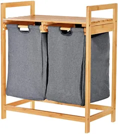 محصولات TuiletTree مانع لباسشویی بامبو با محفظه های دوتایی - سبد لباسشویی دوبخش با کیف و قفسه کشویی متحرک - کابینت چوبی چوبی بامبو برای لباسشویی