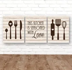 دیوار هنر آشپزخانه ، دکور خانه مزرعه ، چاپ آشپزخانه یا بوم قیمت تزئینات آشپزخانه دیوار ، تزئین ظروف آشپزخانه ، با عشق با چاشنی ، مجموعه 3