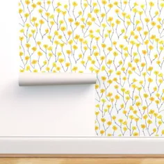 کاغذ دیواری متحرک لایه بردار و استیک 3ft x 2ft رول روشن زرد خاکستری گل گل تابستان توسط Spoonflower