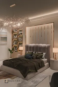 طراحی اتاق خواب اصلی توسط Novara Interiors.  سبز زیتونی و پالت رنگ خاکستری.