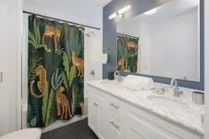 پرده حمام جنگلی ببر تزئین حمام گرمسیری حصیر حمام گرم دوش پرده سبز دوش حمام ما