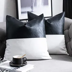 چرم مصنوعی DEZENE با پوشش 100٪ پنبه ای تزئینی بالش مخصوص مبل راحتی تختخواب شو ، مجموعه ای از دکوراسیون خانه 18 اینچ 18 اینچ مدرن لهجه اتاق خواب مربع کوسن کوسن ، سیاه و سفید
