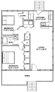 خانه 28x32 - 1 حمام 2 خوابه - 896 فوت مربع - PDF Floor Plan - بارگیری فوری - مدل 5A
