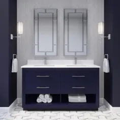 Spa Bathe Riley 60 in Navy Blue Double Sink حمام غرور با سفید با رگه های خاکستری بالا سنگ ساخته شده |  ROII60NB